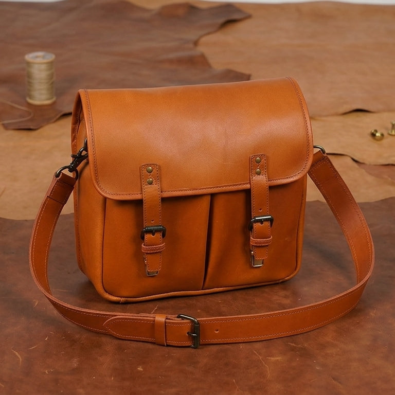 Premium Leather Camera Messenger Bag with Removable Compartments & Adjustable Strap