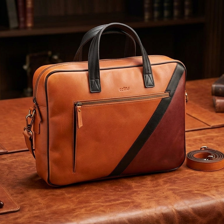 Premium Two-Tone Leather Office & Laptop Bag with Detachable Shoulder Strap
