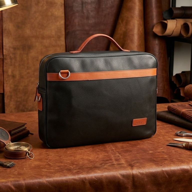 Premium Export-Quality Black Laptop Bag with Tan Leather Highlights with Detachable Strap