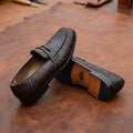 Mens Handwoven Genuine Leather Penny Loafers Dark Brown Formal Slip-On Shoes