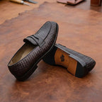Mens Handwoven Genuine Leather Penny Loafers Dark Brown Formal Slip-On Shoes