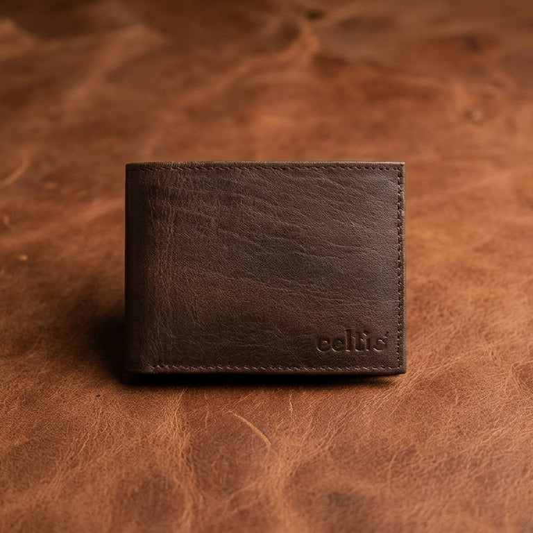 Genuine Leather Bi-Fold Wallet with Flip ID Window – Dark Brown