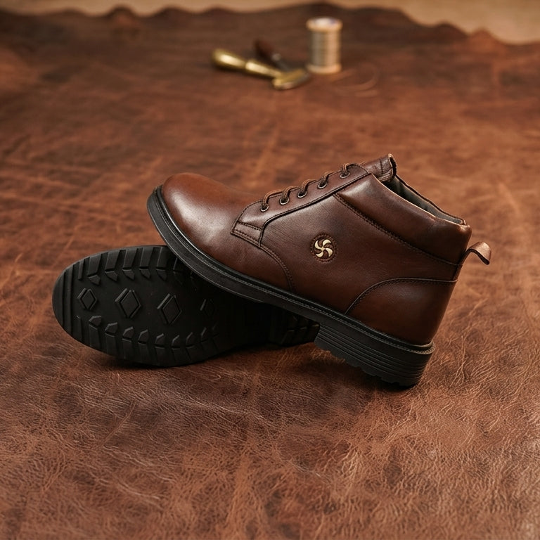 Men’s Premium Genuine Leather Ankle Boots – Brown Lace-Up Smart Casual Shoes
