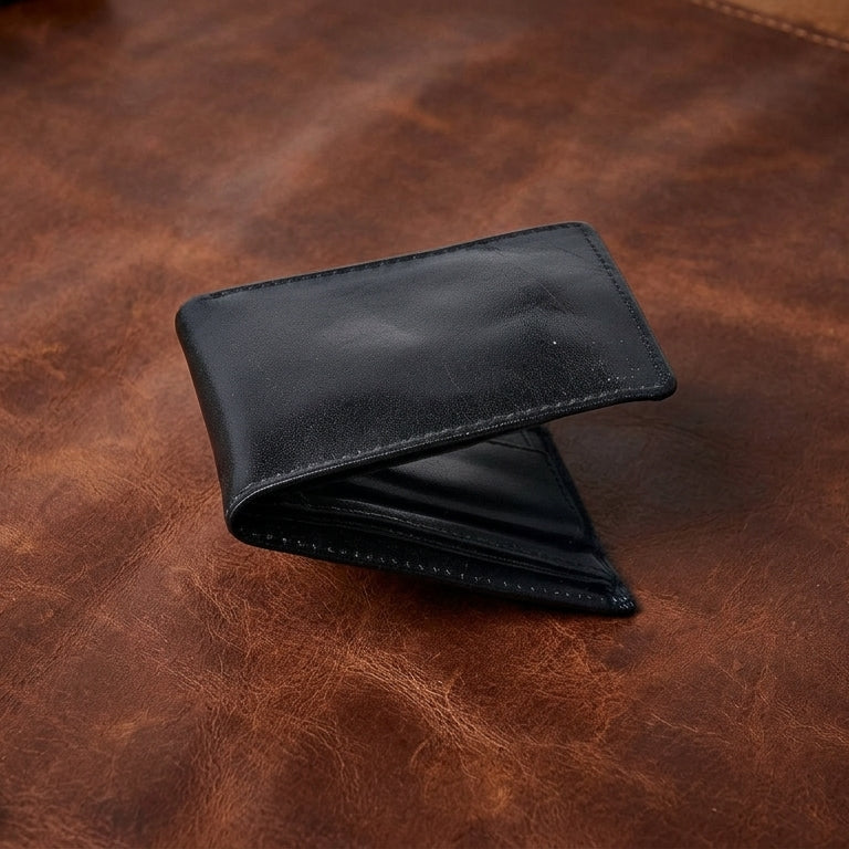 Premium Export-Quality Black Genuine Leather Bi-Fold Wallet with Coin Pocket & ID Window