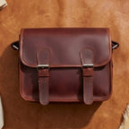 Full-Grain Leather Small Messenger Bag with Dual Buckle Closure & Canvas Lining