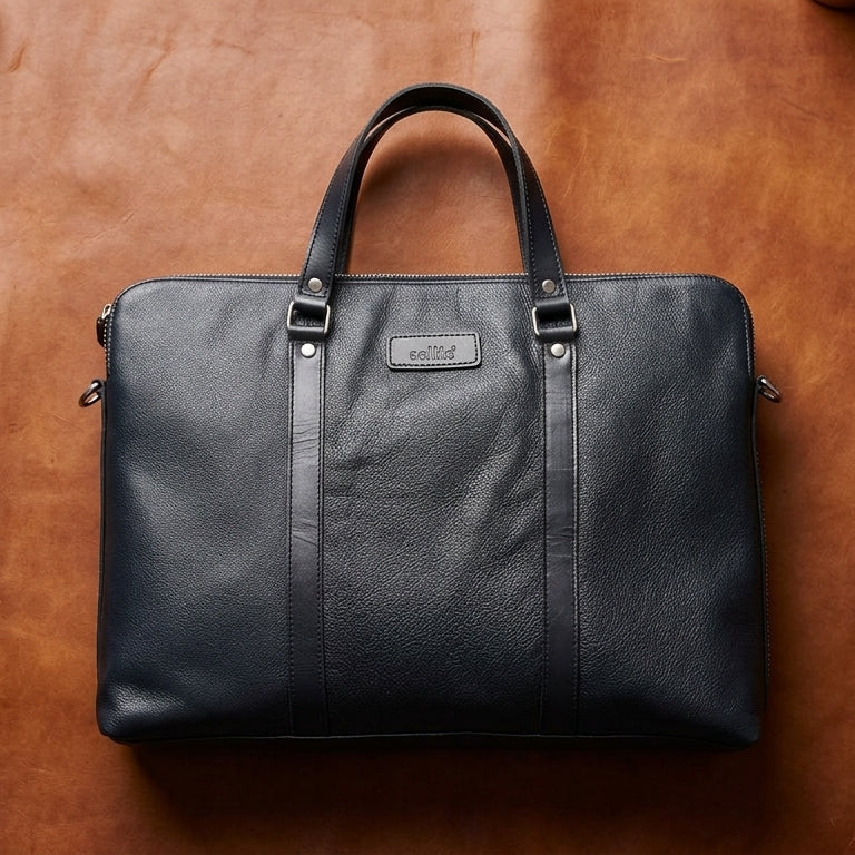 Premium Full-Grain Leather Laptop & Work Bag with Detachable Shoulder Strap