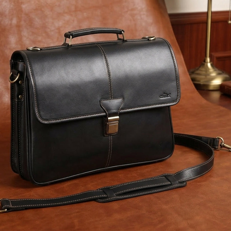 Premium Export Quality Black Leather Laptop Messenger Bag | Multi-Compartment Office Briefcase