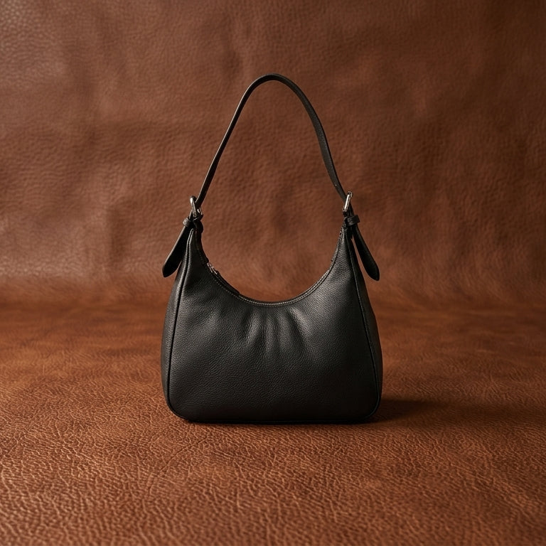 Premium Black Leather Shoulder Bag with Adjustable Strap & Secure Zip Pockets