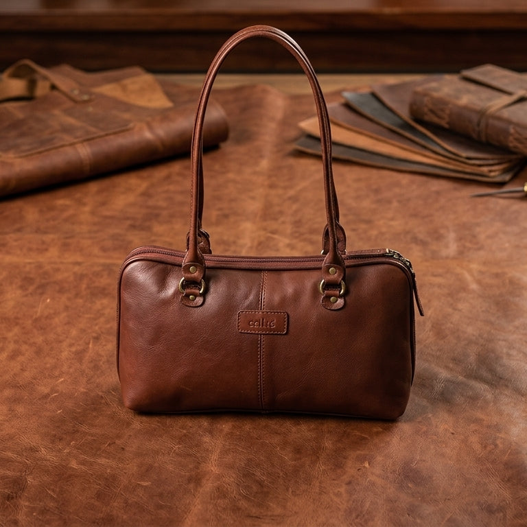 Premium Leather Shoulder Bag with Dual Zip Compartments, Structured Silhouette