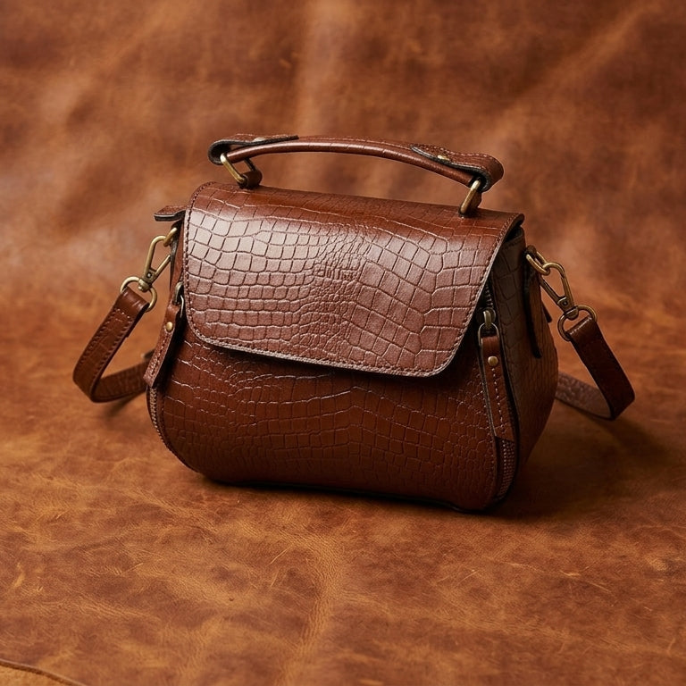 Premium Croc-Embossed Leather Handbag with Top Handle & Structured Zip Compartments