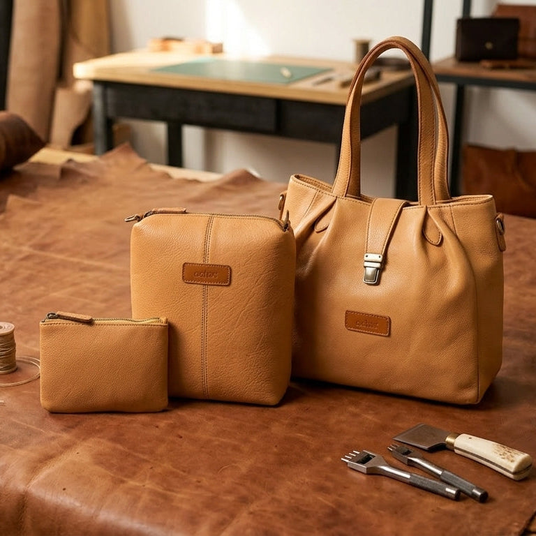Premium Export Leather Handbag Set | Tote + Sling + clutch| with Adjustable Strap