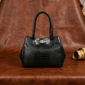 Structured Croc-Textured Black Handbag with Top Handles