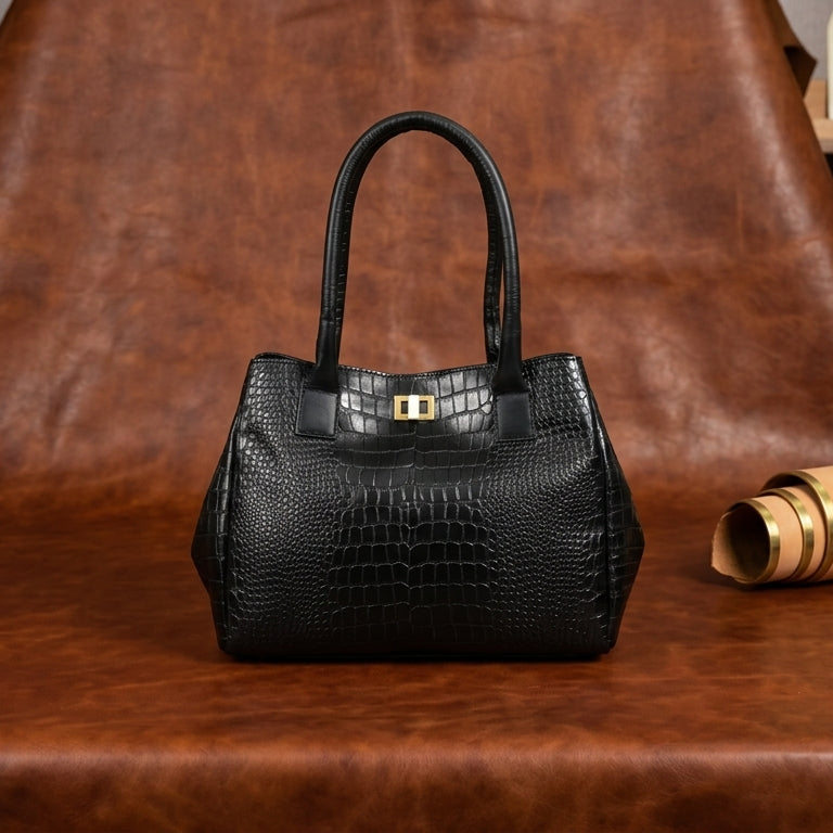 Structured Croc-Textured Black Handbag with Top Handles
