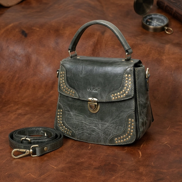 Premium Quality Designer Tan Leather Handbag with Adjustable Strap & Stud Detailing