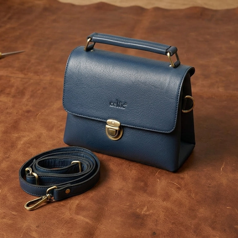 Premium Leather Structured Box Satchel hand bag with Detachable Strap