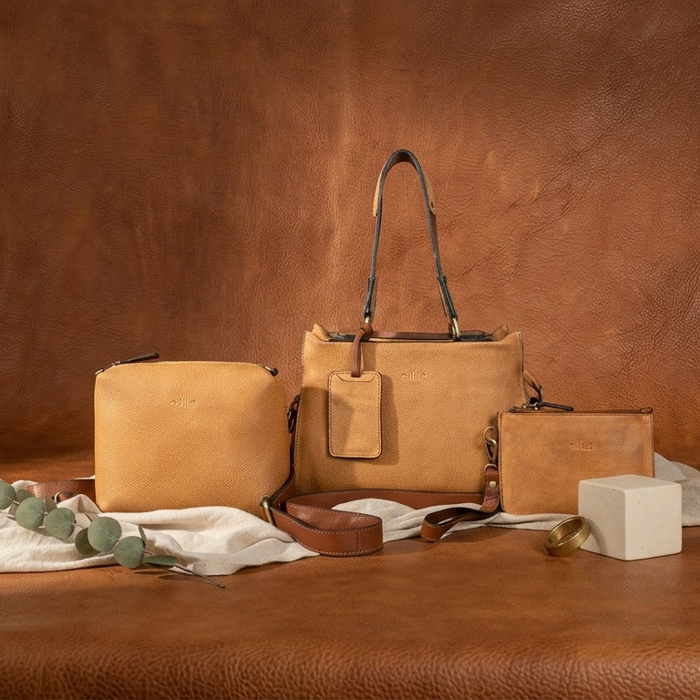 Premium Tan Leather 3-Piece Handbag Combo with Crossbody & Clutch
