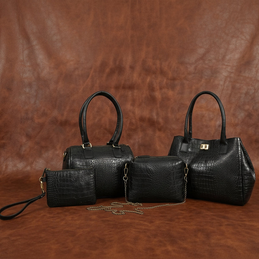 Luxury Black Crocodile Pattern Women’s 4-in-1 Handbag Set (Tote, Shoulder, Sling & clutch)
