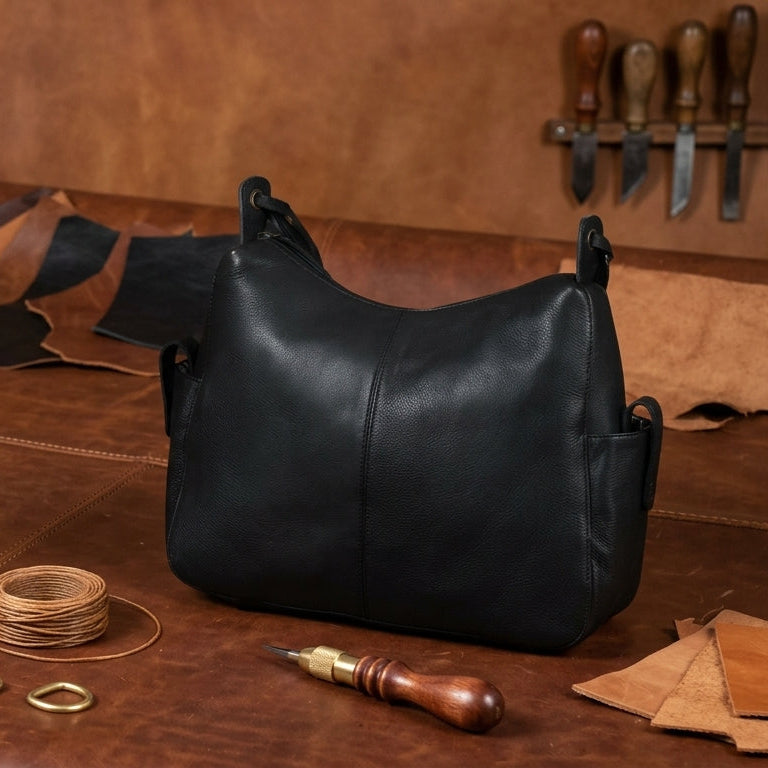 Premium Soft Leather Hobo Shoulder Bag with Zippered Pockets & Fixed Strap