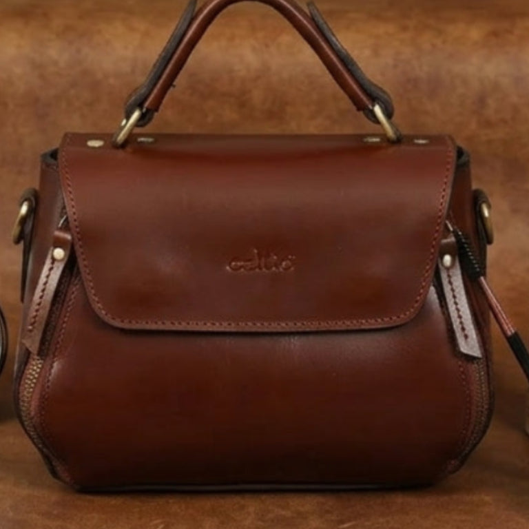 Premium Genuine Leather Top-Handle Handbag with Flap Closure & Zip Compartments