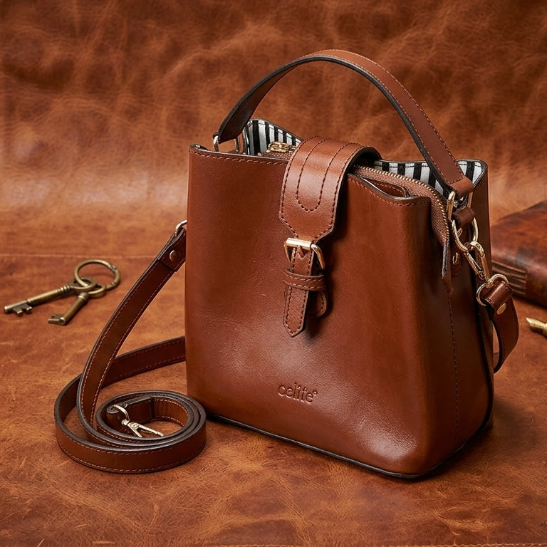 Premium Genuine Leather Structured Handbag with Top Handle & Zip Closure
