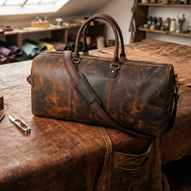 Premium Vintage Leather Travel Duffel Bag |Large Weekender with Shoulder Strap