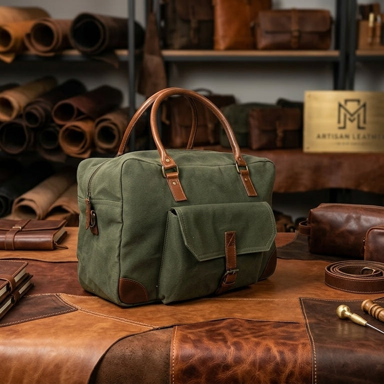 Olive Green Canvas Duffle Bag with Leather Trim Travel, Gym & Weekend Carry Bag