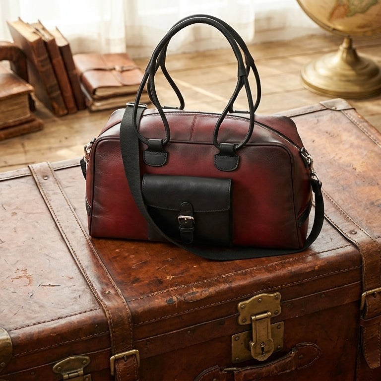 Premium Leather Travel Duffel Bag with Front Buckle Pocket & Dual Carry Straps