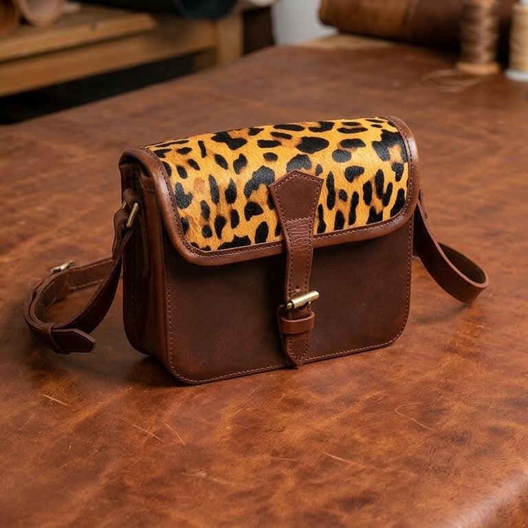 Premium Leather Crossbody Bag with Leopard Print Hairon Flap