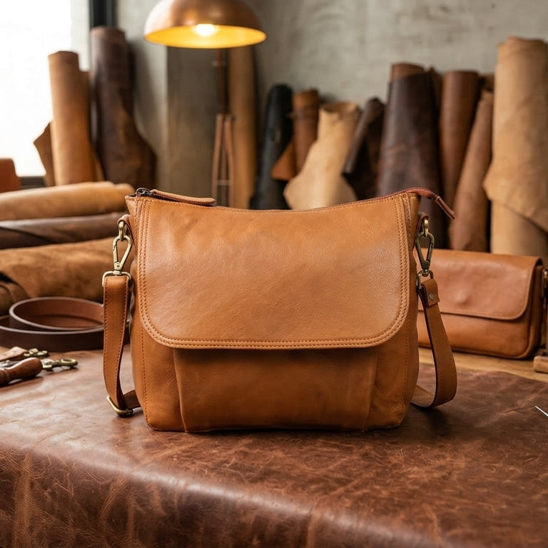Premium Tan Leather Crossbody Messenger Bag with Multiple Zip Pockets & Adjustable Strap