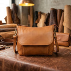 Premium Tan Leather Crossbody Messenger Bag with Multiple Zip Pockets & Adjustable Strap