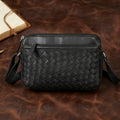 Premium Black Handwoven Leather Crossbody Bag with Adjustable Strap & Zip Compartments