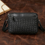 Premium Black Handwoven Leather Crossbody Bag with Adjustable Strap & Zip Compartments
