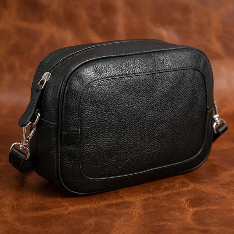 Premium Black Leather Compact Crossbody Bag with Adjustable Strap & Zip Compartments