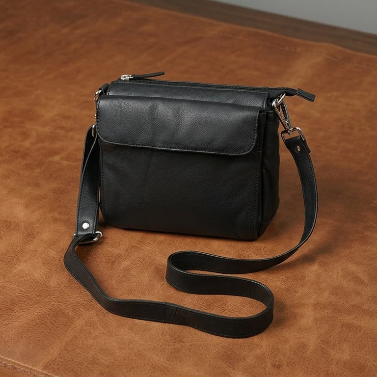 Premium Genuine Leather Crossbody Bag with Flap Closure & Adjustable Strap
