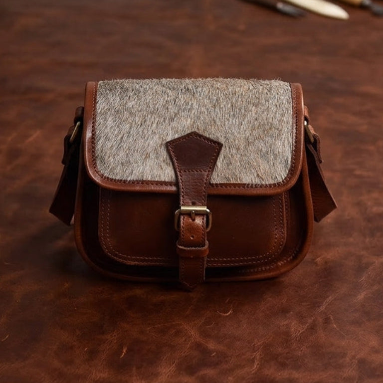 Women’s Genuine Leather Mini Crossbody Bag – Natural Hair-On Flap (Brown & Grey)