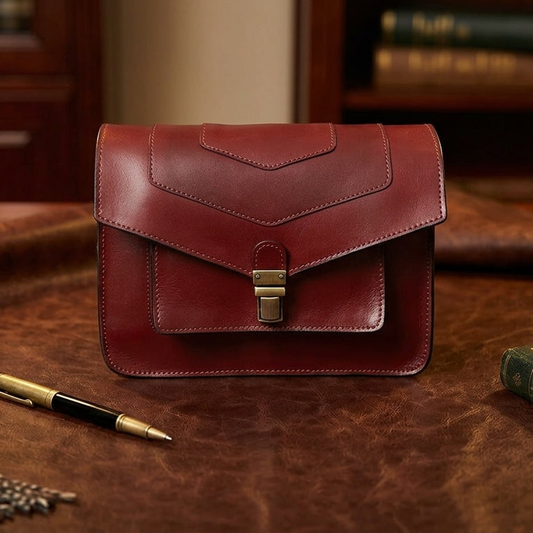 Premium Export Genuine Leather Crossbody Satchel Bag with Lock Closure & Adjustable Strap