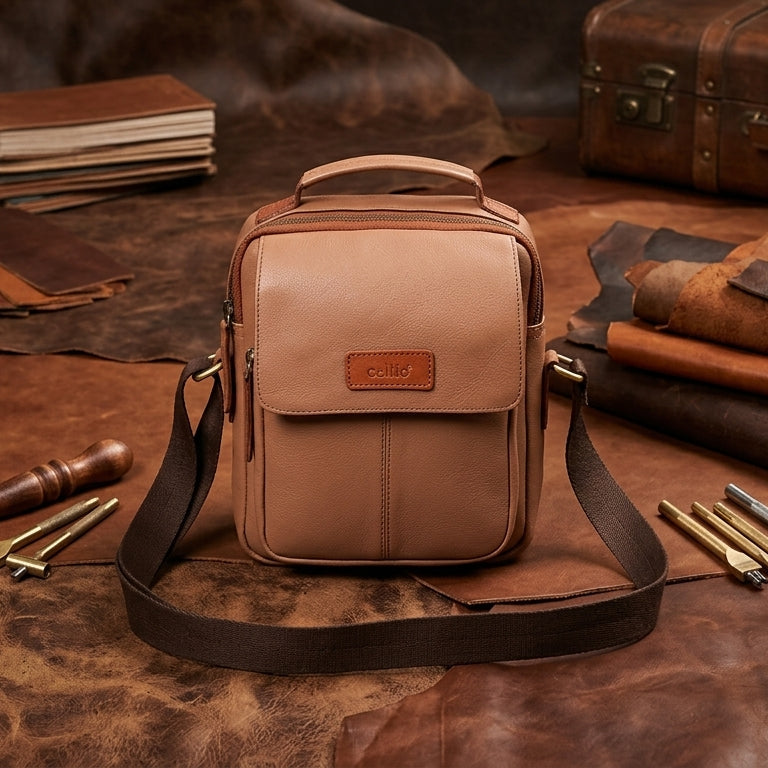 Unisex Leather Crossbody Sling Bag with Front Flap Pocket & Adjustable Strap