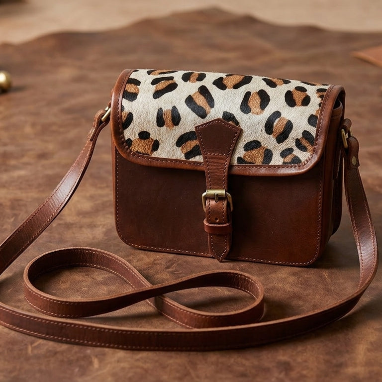 Premium Brown Leather Small Crossbody Bag with Leopard Print Flap