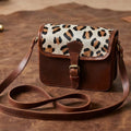 Premium Brown Leather Small Crossbody Bag with Leopard Print Flap