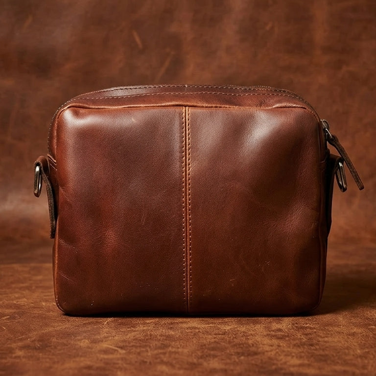 Unisex Full Grain Leather Crossbody Bag with Dual Zipper Compartments