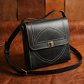 Black Structured Leather Crossbody Bag with Contrast Stitching & Secure Turn-Lock