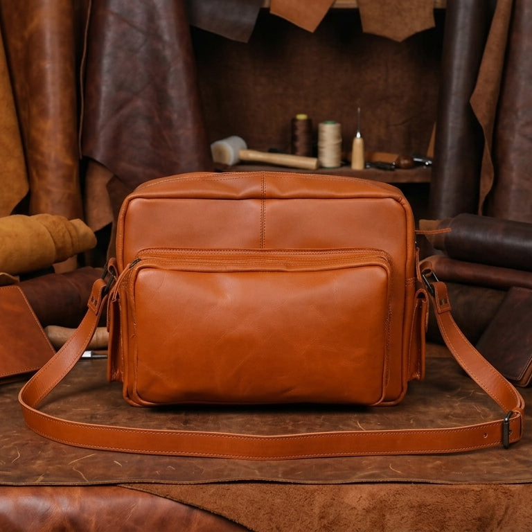 Premium Leather Travel Messenger Bag with Multi-Pockets & Adjustable Strap