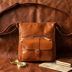 Slim Genuine Leather Crossbody Bag with Buckle Pocket & Multiple Compartments
