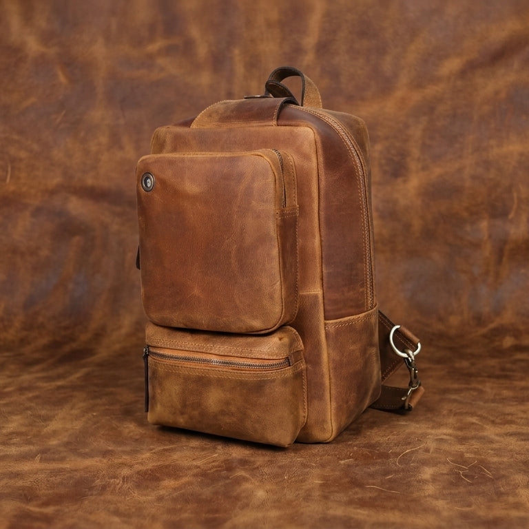 Premium Full Grain Leather Crossbody Bag with Multiple Zip Pockets & Fixed Strap