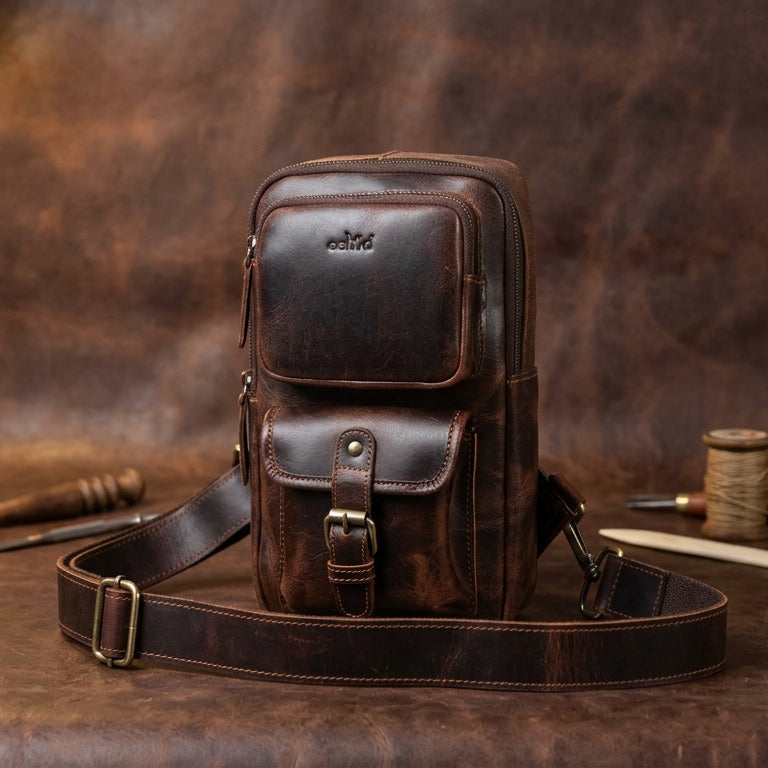 Premium Genuine Leather Crossbody Sling Bag with Multiple Zip Pockets & Adjustable Strap