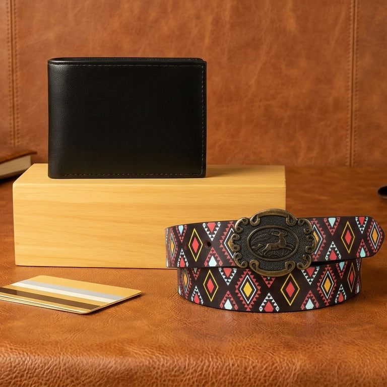 Vintage Style Combo: Multicolor Printed Belt & Classic Black Leather Wallet