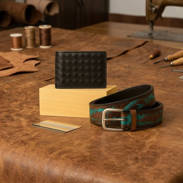 Carved Belt & Braided Wallet Combo