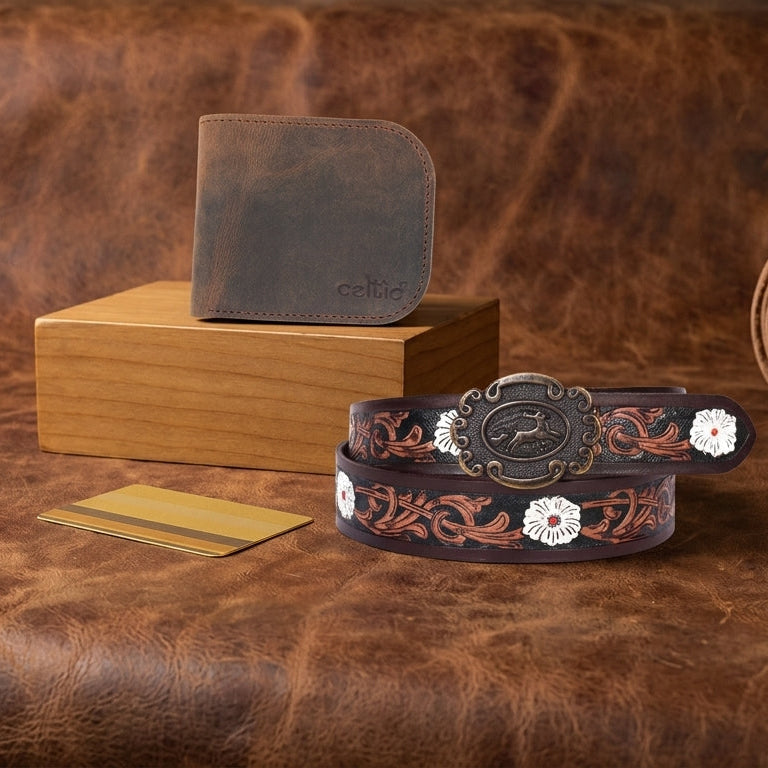 Artisan Brown Tooling Belt + Dual-Tone Wallet Gift Combo