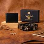 Black Printed Belt with Matte Buckle & Leather Wallet Gift Combo