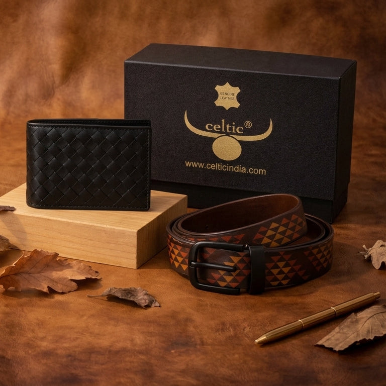Premium Leather Style Combo | Braided Wallet & Printed Belt